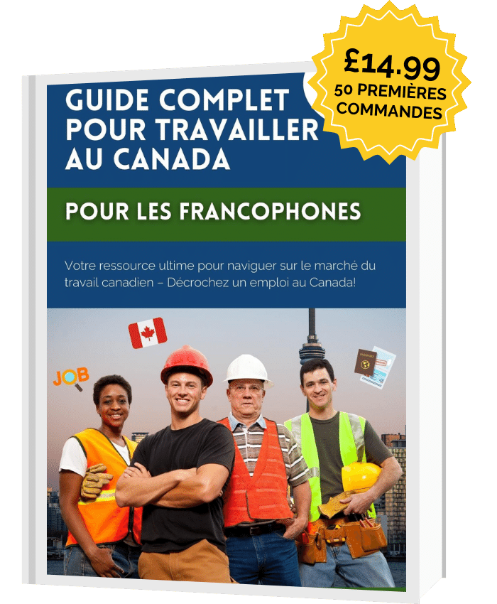 Infographie illustrant un guide complet pour travailler au Canada, disponible sous forme de livre électronique au prix de 14,99 $.