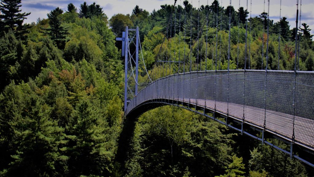 Un pont en bois voûté enjambe la gorge, entourée d'une verdure luxuriante. Le pont du parc des Gorges de Coaticook offre un sentier panoramique au-dessus d'une rivière qui coule, avec des arbres imposants et des falaises rocheuses en arrière-plan.